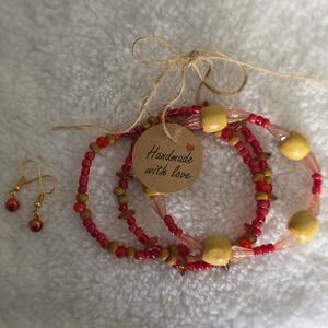 Handmade Red and Wood Beaded Elastic Jewelry Set